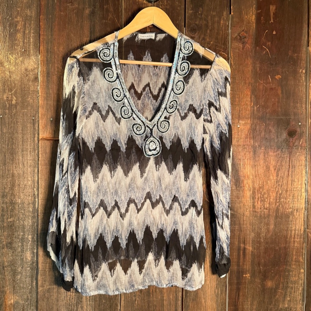 Flou Flou Flou Sequin Beaded Ikat Chevron Sheer V-Neck Bell Sleeve Blouse Top - Picture 1 of 5